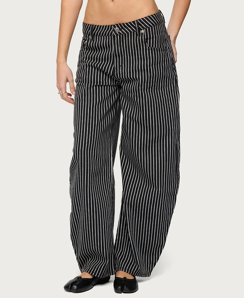 Edikted Women's Pinstripe Low Rise Barrel Leg Jeans