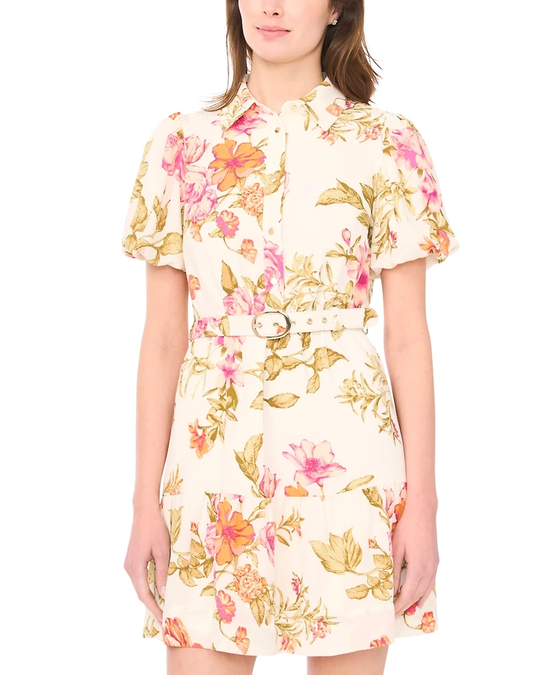 Msk Petite Puff-Sleeve Belted Fit & Flare Dress