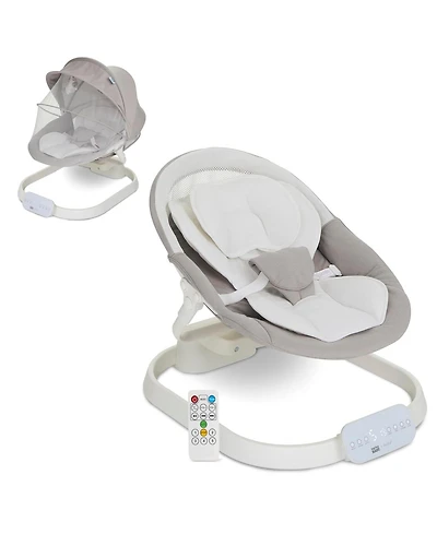 Evolur Baby evolur Comfort Cocoon Swing: Tuya voice control, 5-speed sway with remote. Features touchscreen music, removable canopy, toys, and 5-point