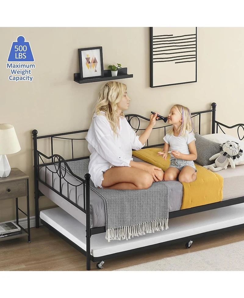 gaomon Metal Daybed with Trundle Bed, Twin Size Day Bed with Headboard and Heavy Duty Steel Slats Support, Mattress Foundation Platform Sofa Bed