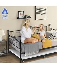 gaomon Metal Daybed with Trundle Bed, Twin Size Day Bed with Headboard and Heavy Duty Steel Slats Support, Mattress Foundation Platform Sofa Bed