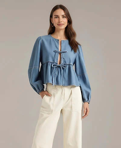 Modenaire Women's Roma Denim Tie-Front Peplum Blouse
