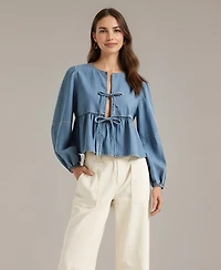 Modenaire Women's Roma Denim Tie-Front Peplum Blouse
