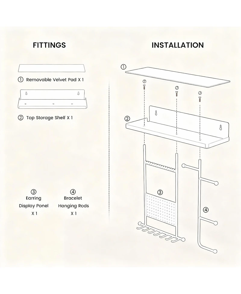 Yigii Wall-Mounted Jewelry Wall Rack with Soft Pads, Dual Mounting, Rust-Resistant Metal