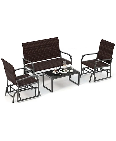 Gymax 4 Pcs Patio Gliding Set Wicker Swing Glider Furniture Set w/ Tempered Glass Coffee Table