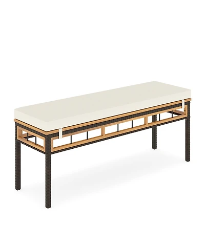 Gymax 48'' Wicker Patio Bench w/Acacia Wood Seat Removable Padded Cushion for Garden Outdoor