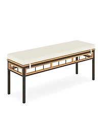 Gymax 48'' Wicker Patio Bench w/Acacia Wood Seat Removable Padded Cushion for Garden Outdoor
