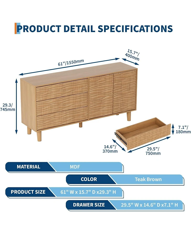 gaomon 61" Mid Century Sideboard Buffet Cabinet with Undulating Groove Design, Large Storage Cabinet with 3 Drawers, 2 Push-to-Open Doors
