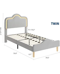 gaomon Twin Size Bed Frame with Adjustable Led Headboard and Footboard, Velvet Upholstered Princess Platform Bedframe for Kids/Girls