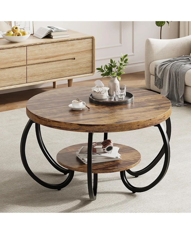 gaomon Round Coffee Table 30" Center Table, 2-Tier Industrial Tables with Adjustable Feet, Living Room Storage Shelf
