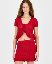 Ultra Flirt Juniors' Crochet Ruffled-Trim Cardigan
