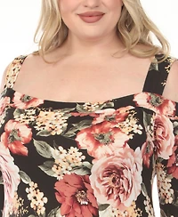 White Mark Plus Cold Shoulder 3/4 Sleeve Dress