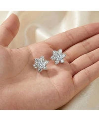 Sterling Silver Clear Round Cubic Zirconias Flower Shape Earrings