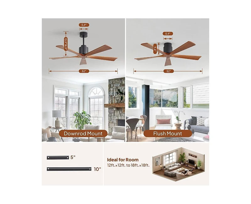 Sofucor 52-inch Modern Black 5-Blade without Light Ceiling Fan with Remote Control and Timing Function