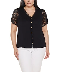 Belldini Plus Crochet Lace Sleeve V-Neck Top
