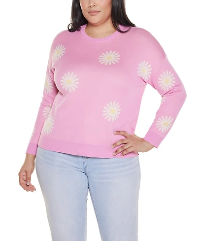 Belldini Plus Jacquard-Flower Crew Neck Sweater