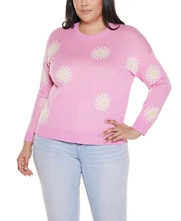 Belldini Plus Jacquard-Flower Crew Neck Sweater