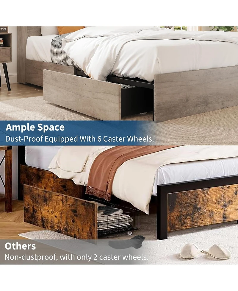 gaomon Full Size Bed Frame with High Storage Bookcase Headboard, Wood Bed Frame with 4 Storage Drawers, Built in Charging Station, Noise-Free
