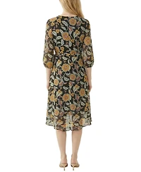 Ny Collection Petite 3/4 Sleeve V Neck Belted Chiffon Dress