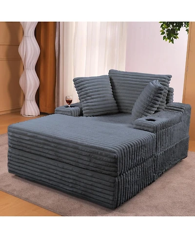 gaomon Grey Oversized Chaise Lounge Chair Indoor with Storage Ottoman, Upholstered Corduroy Sofa Bed Cloud Couch with 3 Pillows