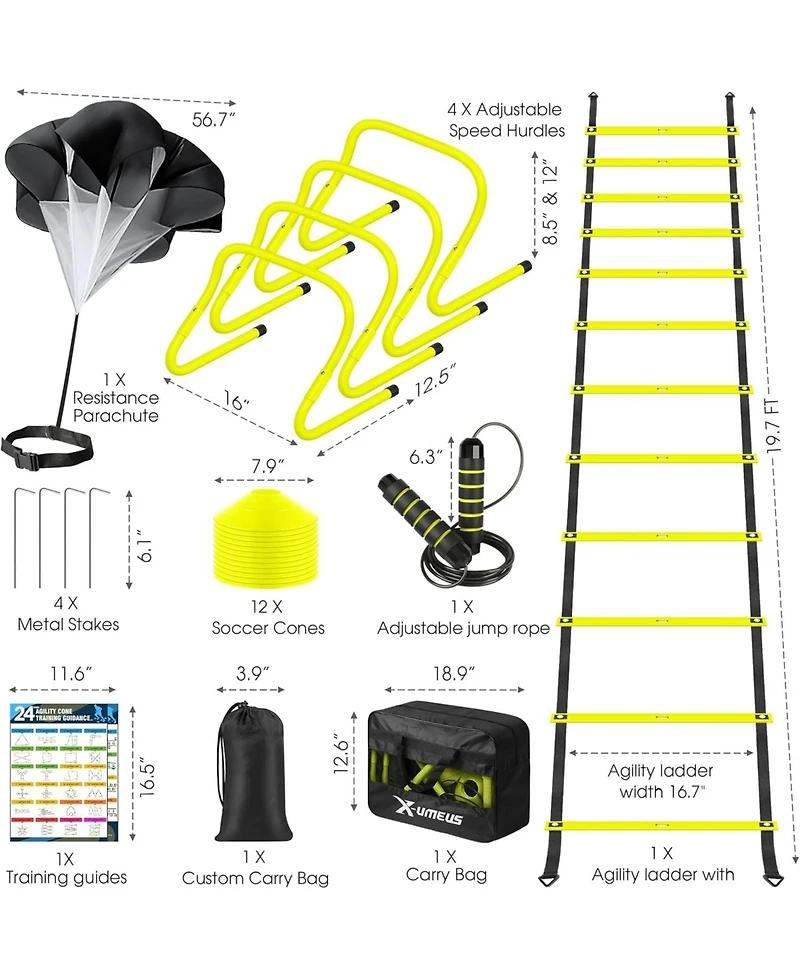 X-umeus 20ft Agility Ladder Training Set with 12 Cones, 4 Hurdles, Jump Rope & Parachute for Soccer, Basketball, Football – Kids to Adults