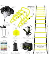 X-umeus 20ft Agility Ladder Training Set with 12 Cones, 4 Hurdles, Jump Rope & Parachute for Soccer, Basketball, Football – Kids to Adults