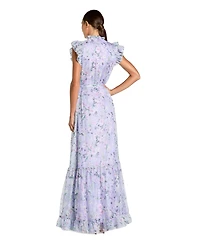 Mac Duggal Women's Printed Chiffon Ruffle Sleeve Gown With Bow Belt