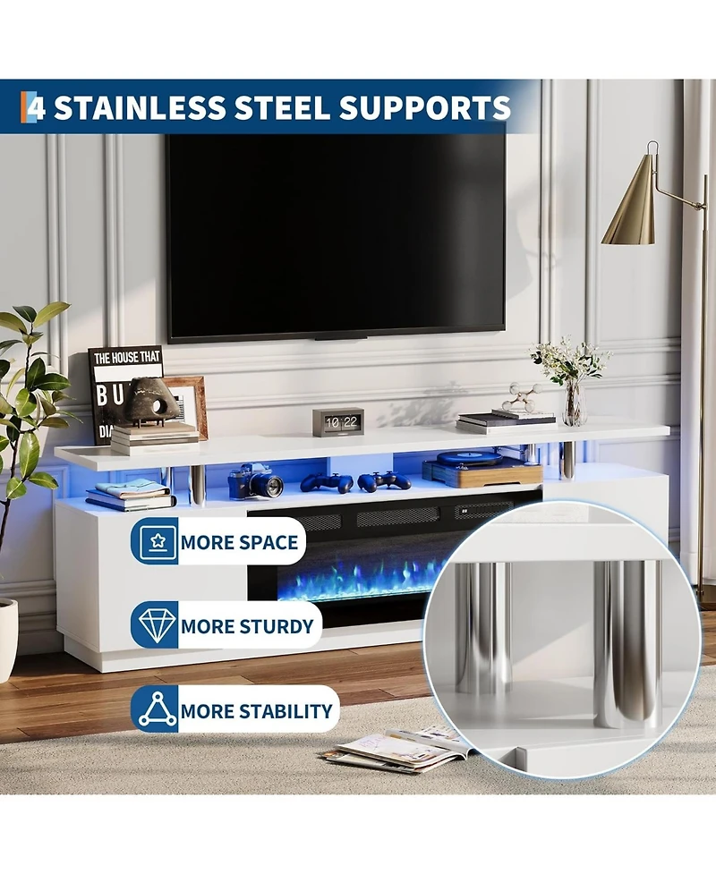 gaomon 70" Fireplace Tv Stand with 36" Electric Fireplace Heater, 12 Flame and 7 Led Color Modes, High-Gloss Entertainment Center with 2-Tie