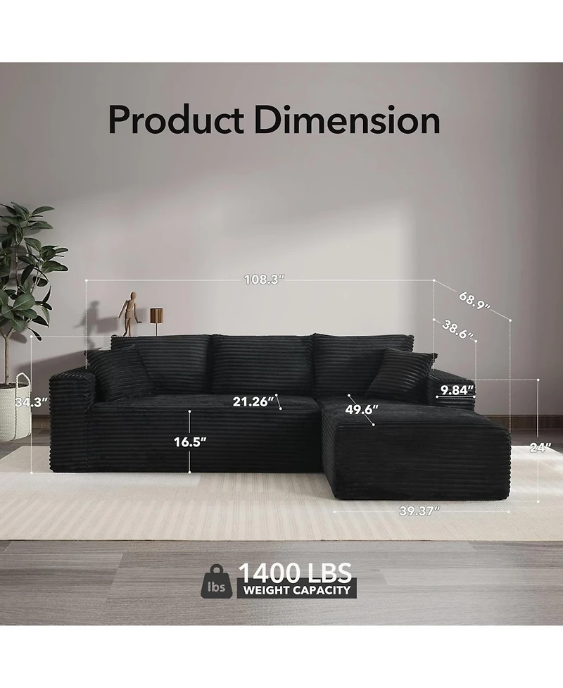 Gaomon 108'' Boneless Sectional Cloud Couches for Living Room L-Shape Corduroy Cloud Sectional Couch with Chaise Modern Modular Sectional Sofa