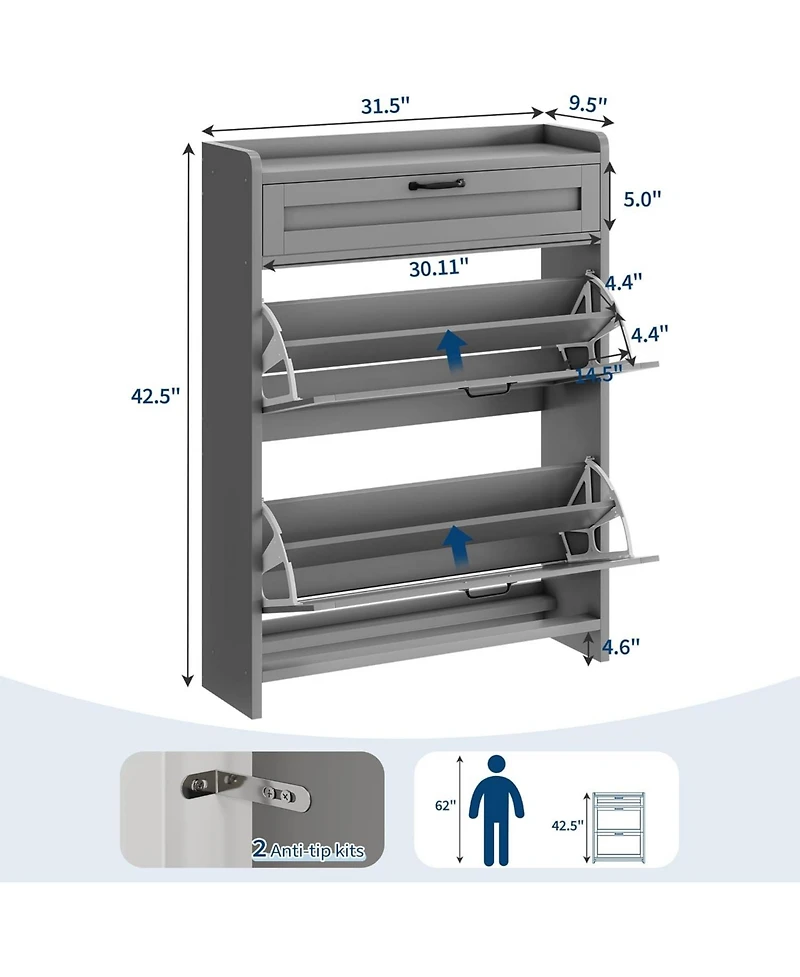 gaomon Shoe Cabinet with 2 Flip Drawers & 1 Top Drawer, Wooden Shoe Storage Organizer, Adjustable Shelves, Hidden Cabinet for Hallway or Living Room