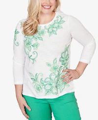 Alfred Dunner Women's Resort Living Tropical Flower Embroidered Top