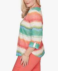 Alfred Dunner Women's Resort Living Biadere Tie Dye Stripe Henley Top