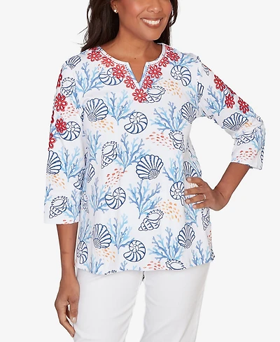 Alfred Dunner Women's Port Side Shell Print Embroidered Top