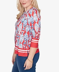 Alfred Dunner Women's Port Side Mosaic Fish Split Beaded Neck Top