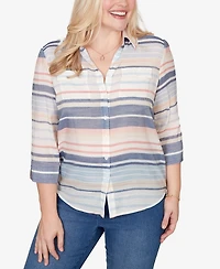 Alfred Dunner Women's Port Side Textured Stripe Button Front Top