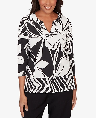 Alfred Dunner Women's Crowd Pleaser Dramatic Abstract Floral Split Neck Top