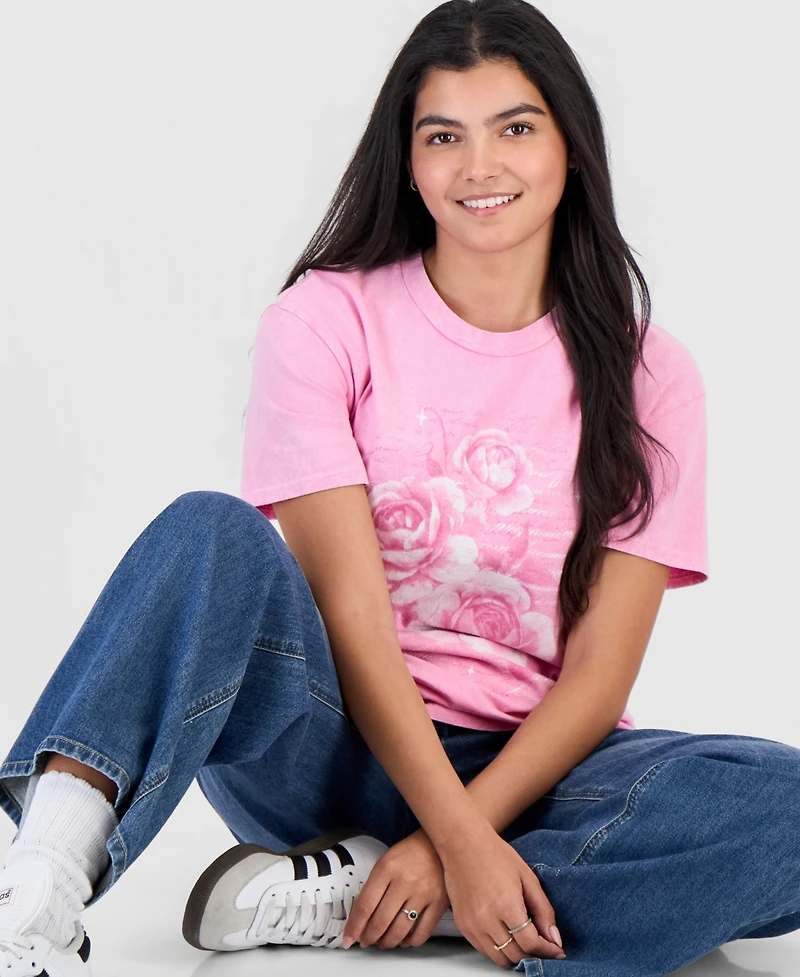Rebellious One Juniors' Rose Graphic Print Cotton T-Shirt