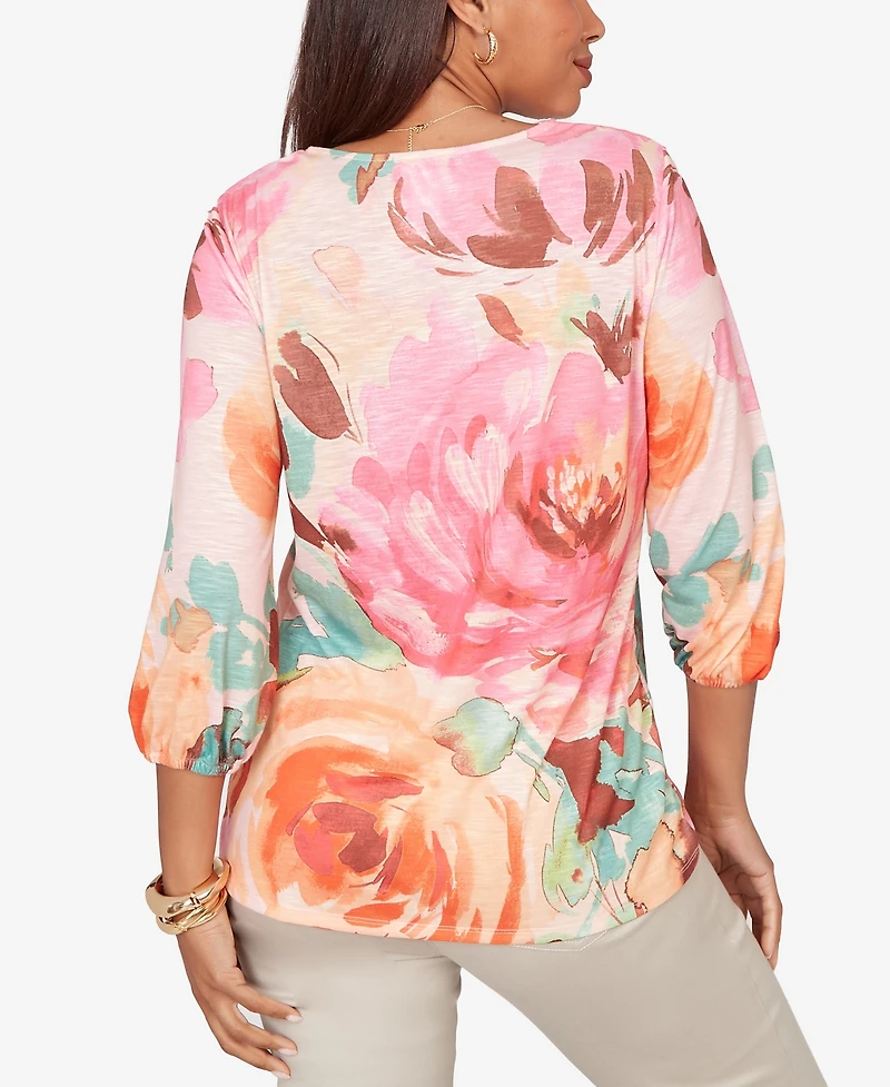 Ruby Rd. Petite Scalloped Neck Bold Floral Knit Top