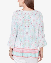 Ruby Rd. Petite Pleated Tapestry Print Bell Sleeve Blouse