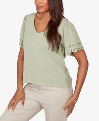Ruby Rd. Petite Eyelet Poplin Sleeve Slub Knit Top