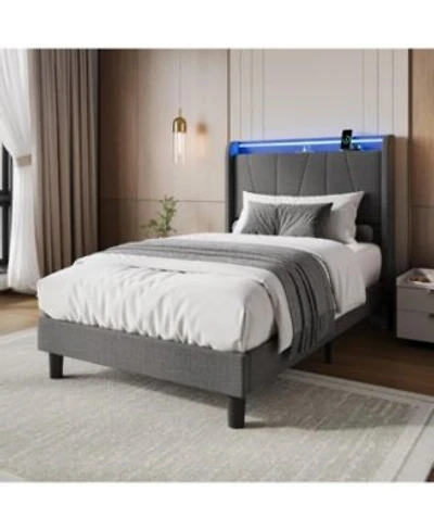 Gaomon Bed Frame With Charging Station Led Lights Modern Platform Bed With Wooden Slats Upholstered Headboard No Box Spring Needed