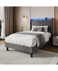 Gaomon Bed Frame With Charging Station Led Lights Modern Platform Bed With Wooden Slats Upholstered Headboard No Box Spring Needed