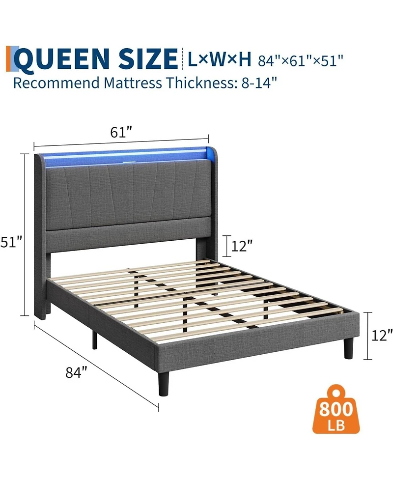 gaomon Bed Frame with Charging Station and Led Lights, Modern Platform Bed with Wooden Slats, Upholstered Headboard, No Box Spring Needed