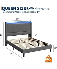 gaomon Bed Frame with Charging Station and Led Lights, Modern Platform Bed with Wooden Slats, Upholstered Headboard, No Box Spring Needed