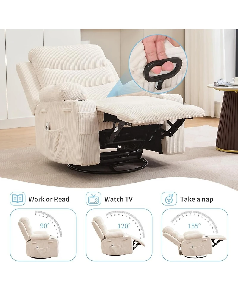 gaomon Nursery Recliner Chair, Oversized Corduroy Manual Glider with 360° Swivel, Rocking, Massage & Heat
