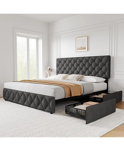 gaomon Bed Frame with 4 Storage Drawers and Headboard, Linen Upholstered Platform Bed Frame, Diamond Stitched Button Tufted