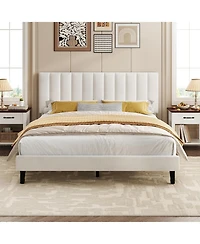gaomon Bed Frame, Velvet Upholstered Platform Bed with Adjustable Vertical Channel Tufted Headboard, No Box Spring Needed
