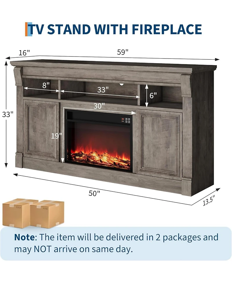 gaomon 58" Farmhouse Wood Fireplace Tv Stand with Open Storage Cabinets Entertainment Center for TVs up to 75"