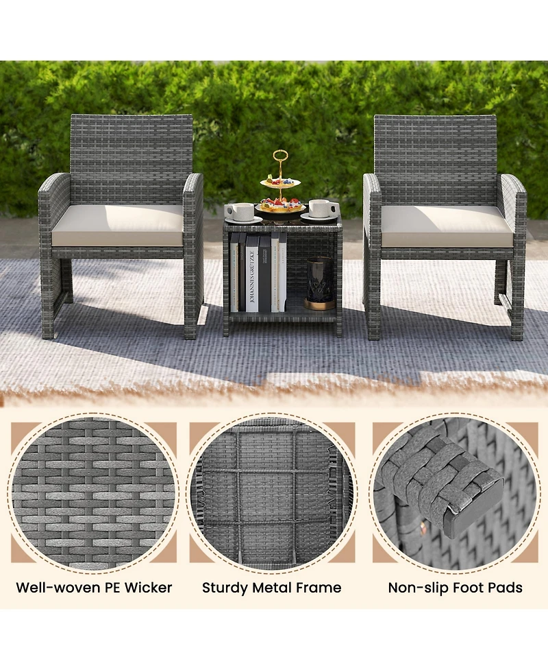 Gymax 3 Pieces Patio Furniture Set Pe Rattan Chairs w/ Storage Coffee Table