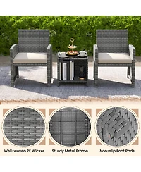 Gymax 3 Pieces Patio Furniture Set Pe Rattan Chairs w/ Storage Coffee Table